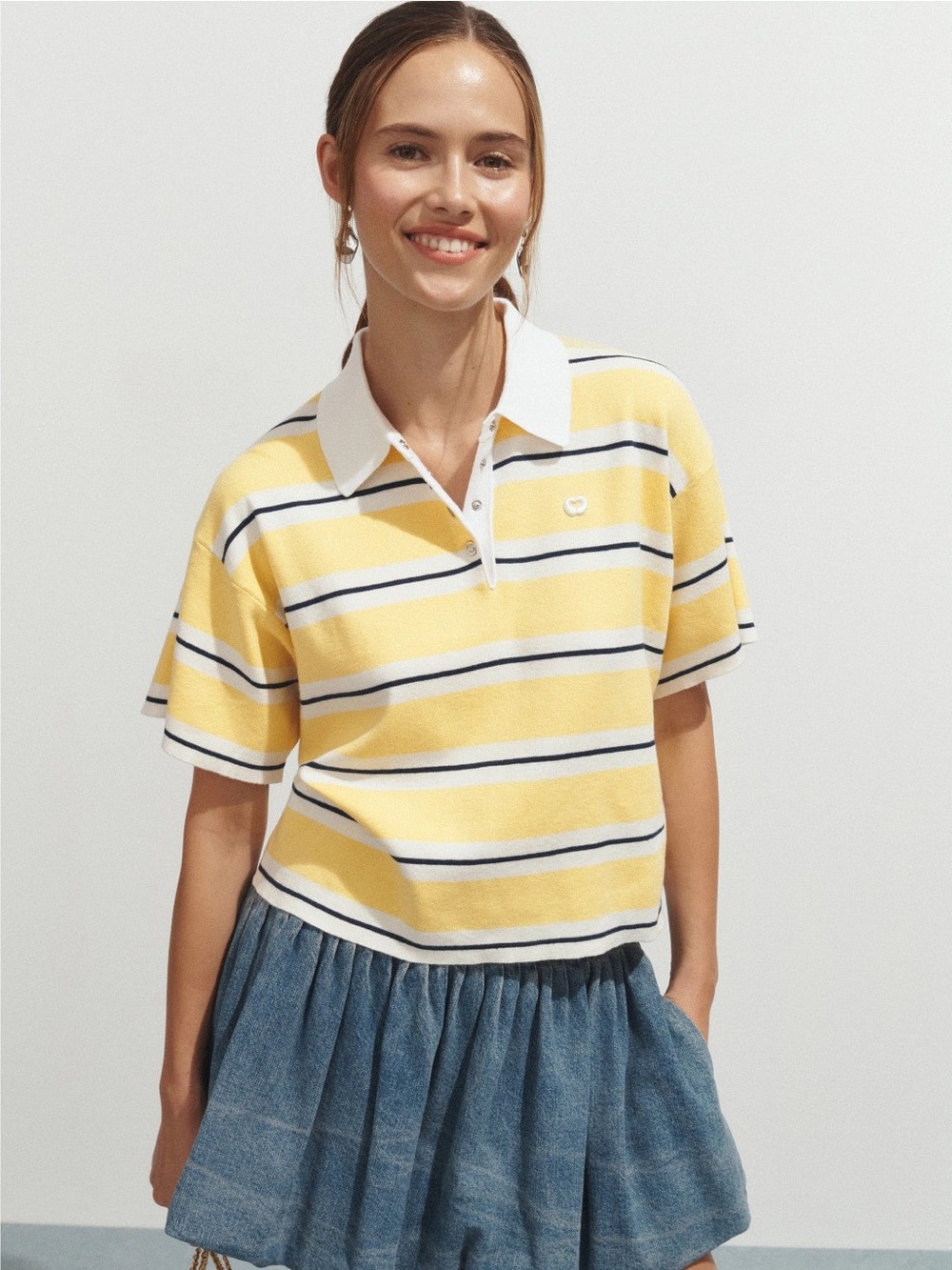 Women's Yellow Striped Polo Top - Classic Collared Tee size 2 or US 4-6